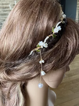 Serre-tête Mariée Anémone – Fleurs Nacrées, Feuillage & Descente de Perles
