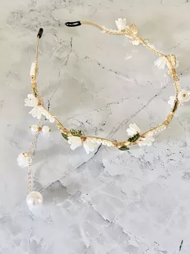 Serre-tête Mariée Anémone – Fleurs Nacrées, Feuillage & Descente de Perles