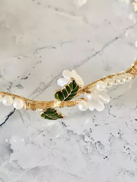 Serre-tête Mariée Anémone – Fleurs Nacrées, Feuillage & Descente de Perles