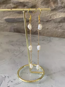 Boucles d’Oreilles Iséa – 3 Perles d’Eau Douce | Mariée | Argenté, Doré ou Gold Rose