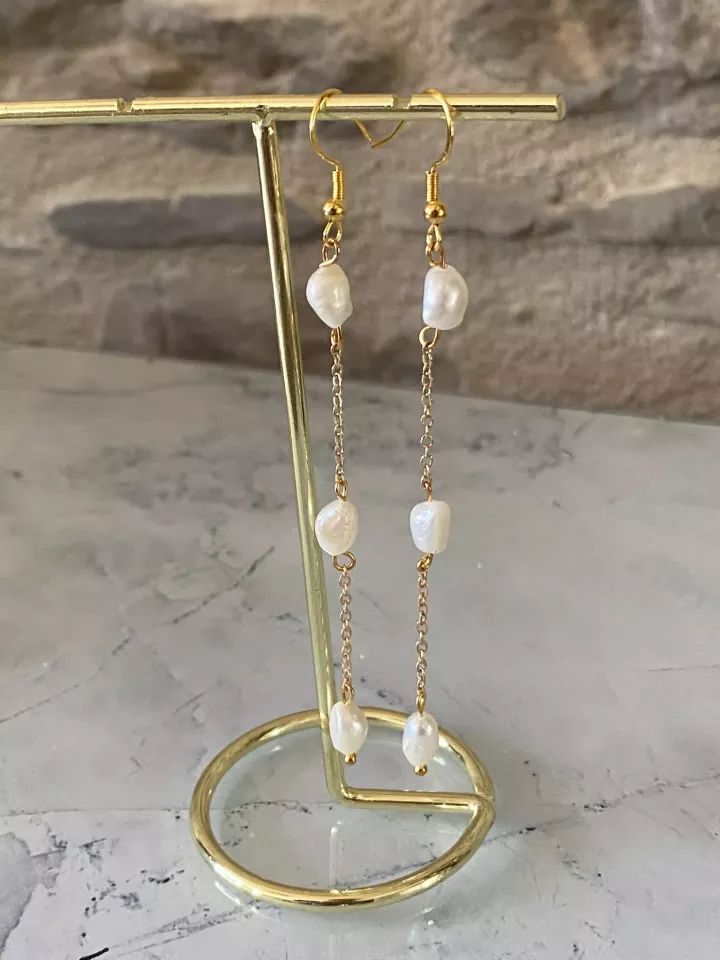 Boucles d’Oreilles Iséa – 3 Perles d’Eau Douce | Mariée | Argenté, Doré ou Gold Rose