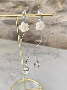 Boucles d’oreilles Ysia argentées fleur en nacre et cristal goutte – Bijou de mariée élégant et raffiné