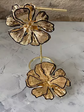 Boucles d’oreilles Astraé fleurs dorées XXL avec liseré noir  – Grandes boucles florales originales