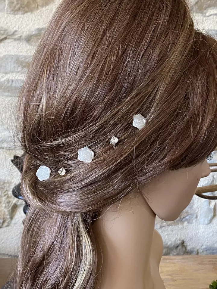 Lot de 5 pics Lunaria à cheveux mariée – Fleurs nacrées et cristaux Swarovski – Accessoires de coiffure élégants et délicats