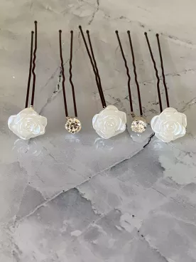 Lot de 5 pics Lunaria à cheveux mariée – Fleurs nacrées et cristaux Swarovski – Accessoires de coiffure élégants et délicats