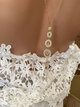 Collier de dos Elisa mariée doré | Création unique  | Bijou élégant strass pour mariage, EVJF, shooting