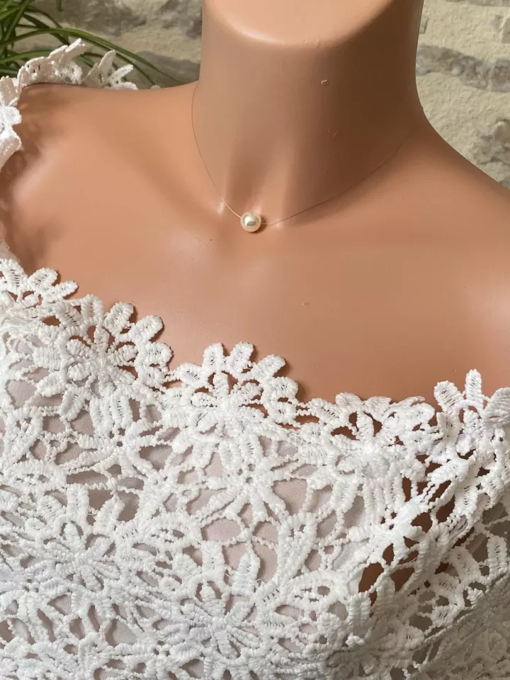 Collier de mariée Pénélope – Perle nacrée Swarovski sur fil invisible – Bijou minimaliste et raffiné Bijoux