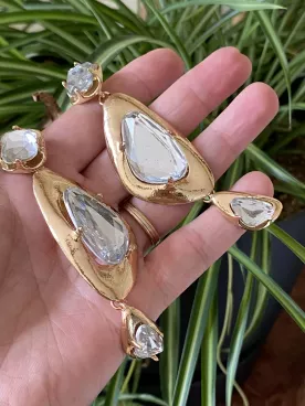 Boucles d’oreilles oversize dorées – Graphiques XXL avec perle transparente pour mariée ou soirée