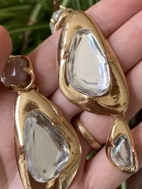 Boucles d’oreilles oversize dorées – Graphiques XXL avec perle transparente pour mariée ou soirée