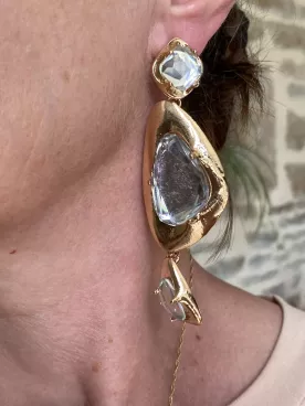 Boucles d’oreilles oversize dorées – Graphiques XXL avec perle transparente pour mariée ou soirée
