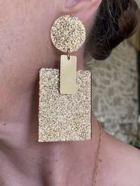 Boucles d’oreilles oversize dorées pailletées – Rond & rectangle pour Noël, fête et réveillon