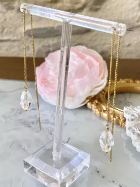 LIGHT – Boucles d’oreilles de mariée pendantes, chaîne d’oreille avec perle goutte en cristal transparent