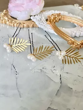 Feuilline - Pics à cheveux de mariée  – Lot de 3 feuilles dorées & perles nacrées Swarovski, coiffure mariage bohème et romantiq
