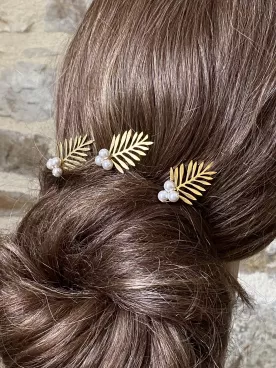 Feuilline - Pics à cheveux de mariée  – Lot de 3 feuilles dorées & perles nacrées Swarovski, coiffure mariage bohème et romantiq