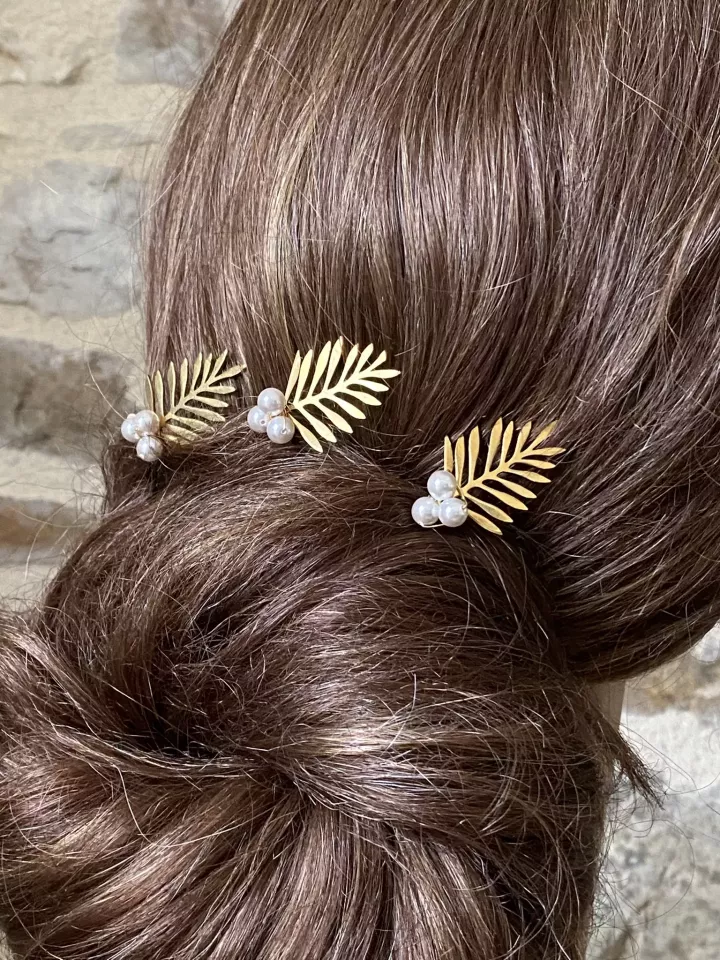 Feuilline - Pics à cheveux de mariée  – Lot de 3 feuilles dorées & perles nacrées Swarovski, coiffure mariage bohème et romantiq