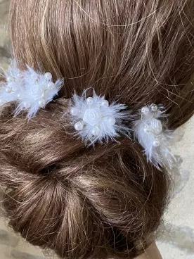 Églantines – Lot de 5 pics à cheveux de mariée avec fleurs, plumes et perles – Coiffure mariage bohème chic