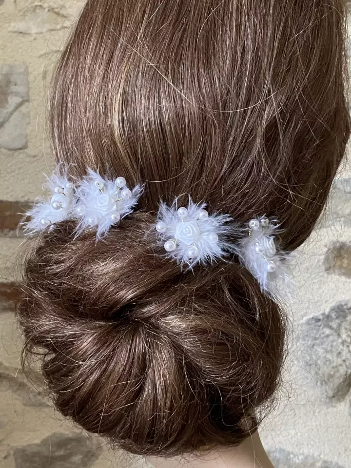 Églantines – Lot de 5 pics à cheveux de mariée avec fleurs, plumes et perles – Coiffure mariage bohème chic