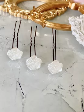 Rose – Lot de 3 pics à cheveux de mariée, fleurs nacrées délicates pour chignon, tresse ou demi-attache, accessoire coiffure