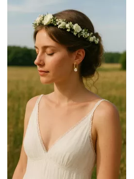 Lola - Boucles d’oreilles dorées mariage – Fleur nacrée sur boucle ovale torsadée – Bijou hypoallergénique – Élégant et raffiné