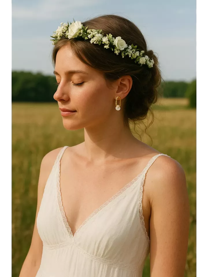Arue - Boucles d’oreilles dorées mariage – Fleur nacrée sur boucle ovale torsadée – Bijou hypoallergénique – Élégant et raffiné