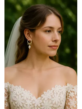 Isalda – Boucles d’oreilles mariée & soirée, ruban doré et perles d’eau douce, bijoux élégants en acier inoxydable