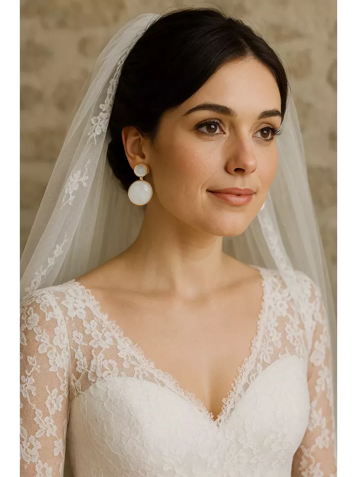 Nacre - Boucles d’oreilles de mariée en acier inoxydable – Clous avec cabochon nacre 20 mm