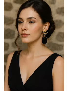 Éclipse Noire - Boucles d’oreilles noires nacrées – Clous 20 mm en résine époxy, doré à l’or fin