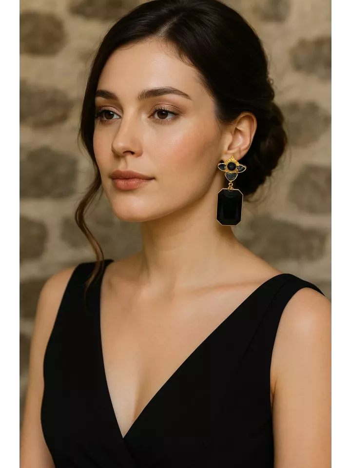 Éclipse Noire - Boucles d’oreilles noires nacrées – Clous 20 mm en résine époxy, doré à l’or fin