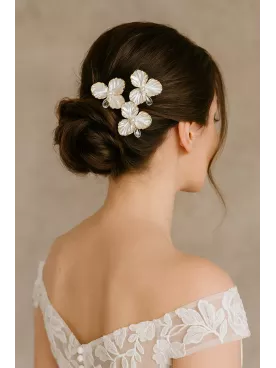 Elvina – Lot de 3 pics à cheveux de mariée orchidées fleurs nacrées & cristal Swarovski