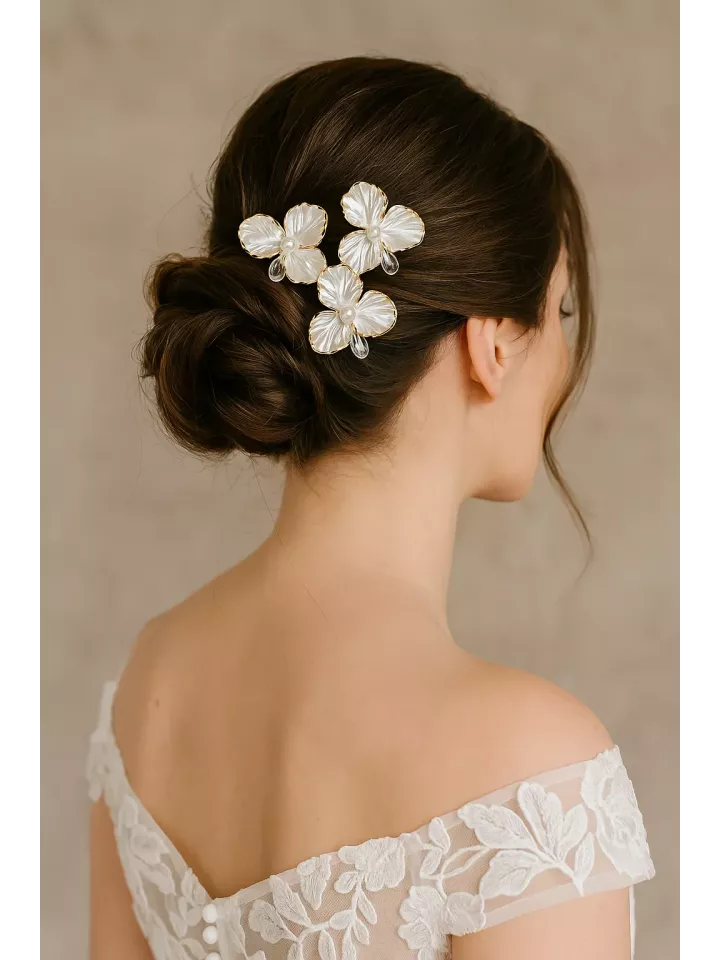 Elvina – Lot de 3 pics à cheveux de mariée orchidées fleurs nacrées & cristal Swarovski