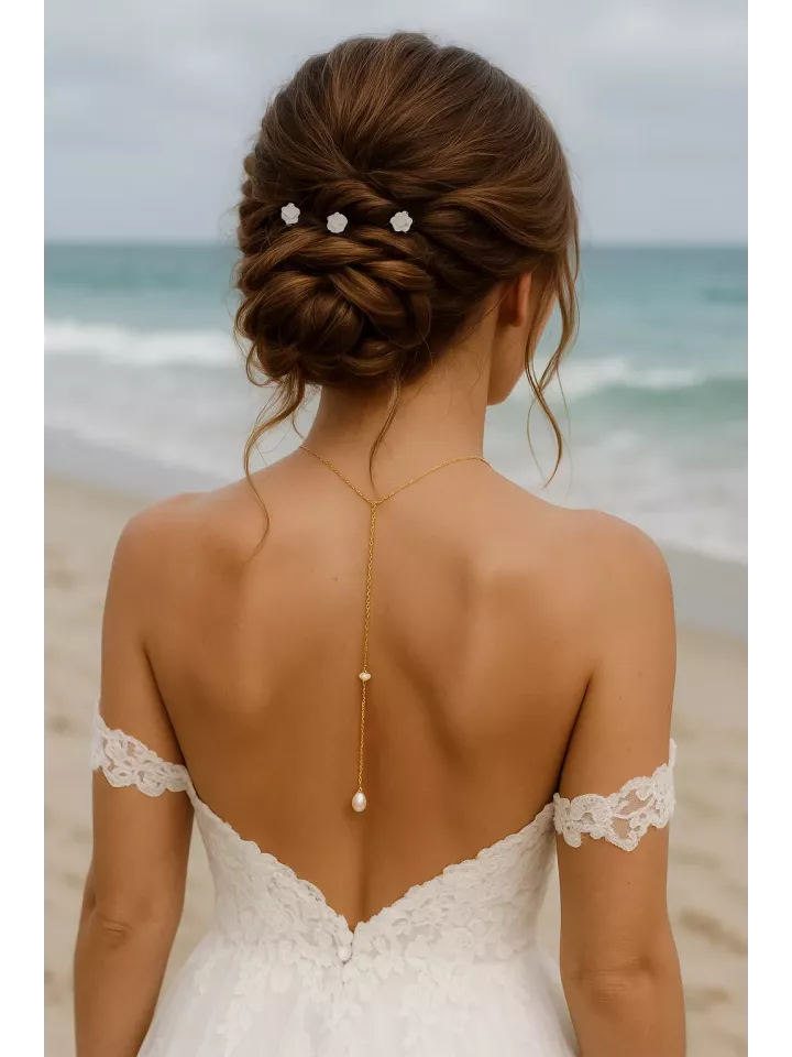 Pendentif de dos Isalya – Goutte nacrée et cristal Swarovski sur chaîne dorée (vendu seul)