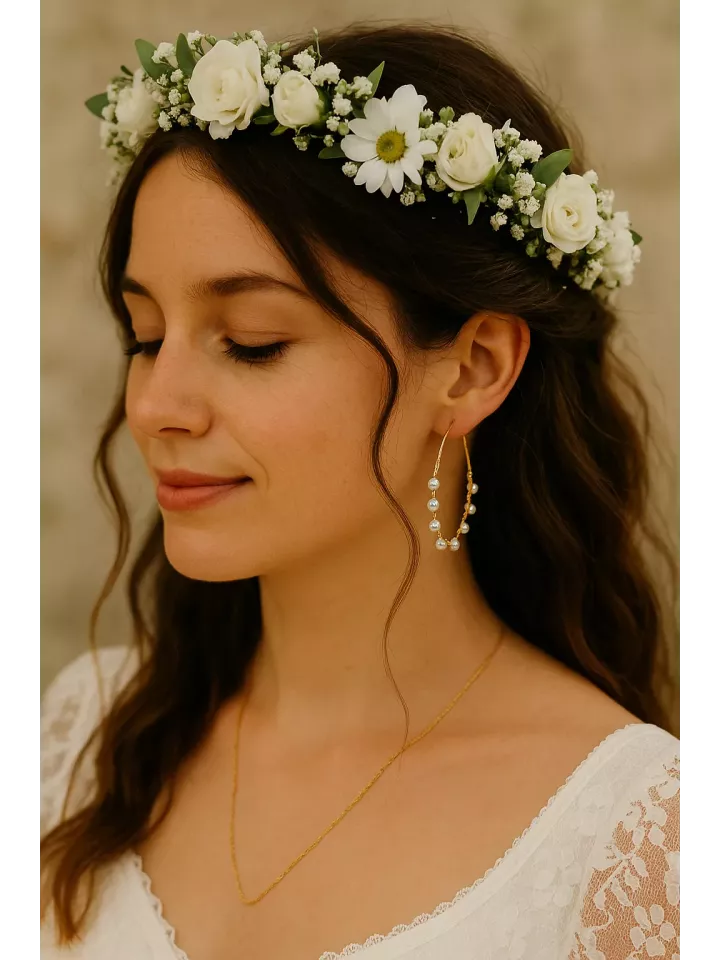 Zoé – Créoles Dorées Mariée avec Perles Nacrées & Cristal Swarovski, Boucles d’Oreilles Élégantes, Bijou Fait Main