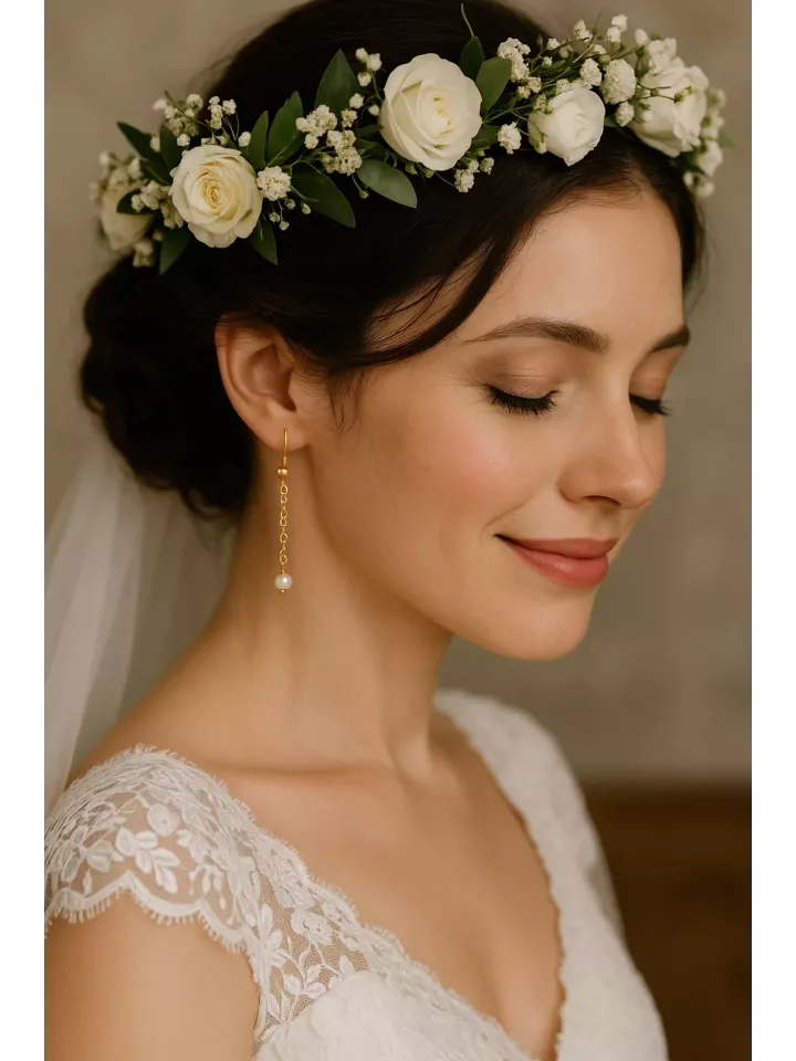 Magnolia- Boucles d'oreilles de mariée style minimaliste avec chaine fine et perle nacrée, pendantes - bijoux mariage