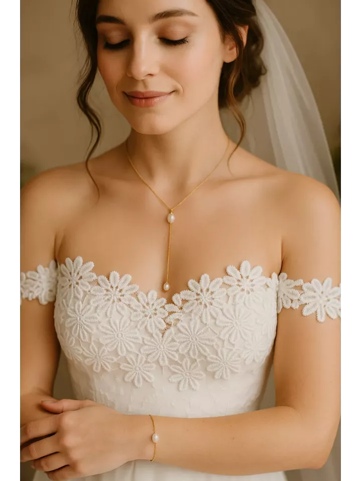 Élégance-Collier mariée  – Forme Y avec gouttes nacrées, bijou personnalisable