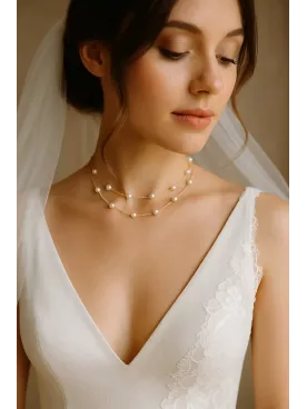 Rose- Collier mariage double rang perles et câble Paloma doré