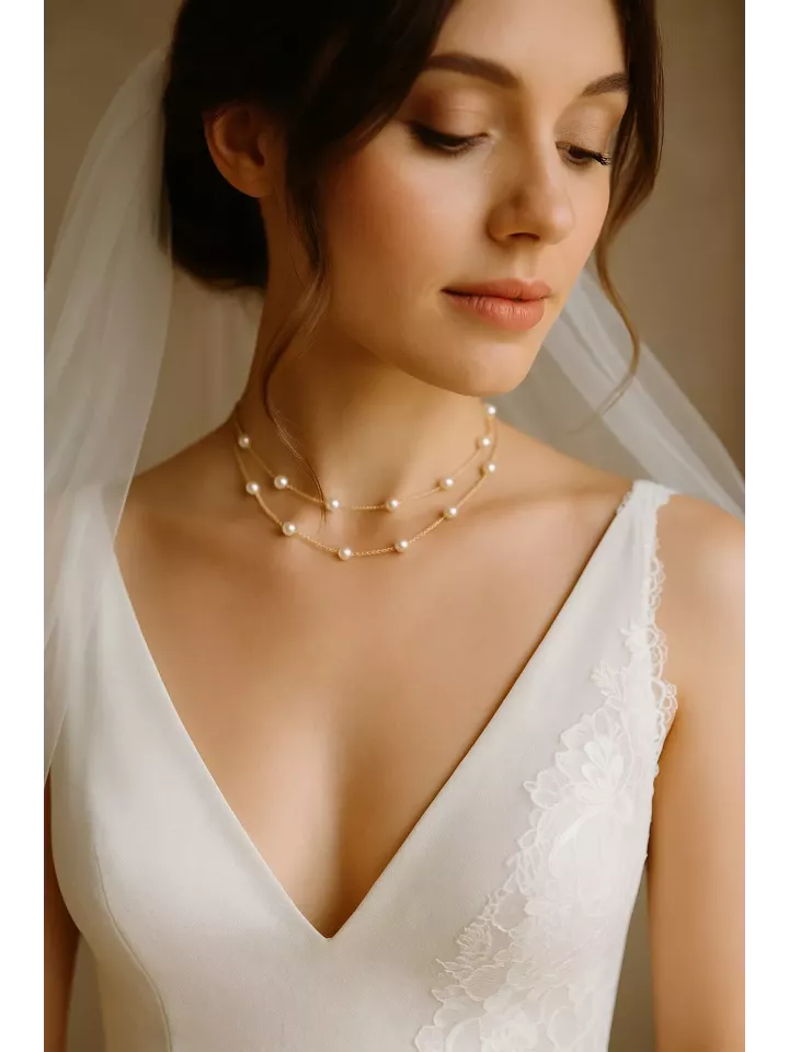 Rose- Collier mariage double rang perles et câble Paloma doré