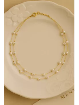 Rose- Collier mariage double rang perles et câble Paloma doré