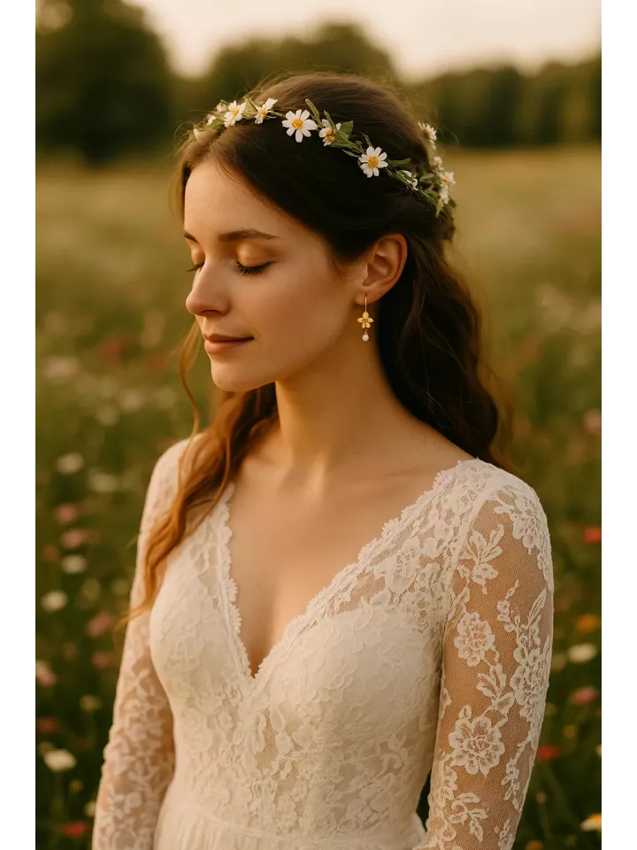 Ysoria - Boucles d’Oreilles Mariée – Fleur Dorée & Perle Nacrée Baroque | Mariage Vintage et Élégance