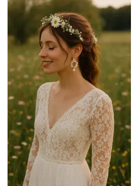 Floréa – Boucles d’Oreilles de Mariée Fleurs Nacrées & Feuilles Dorées sur Clous en Acier Inoxydable