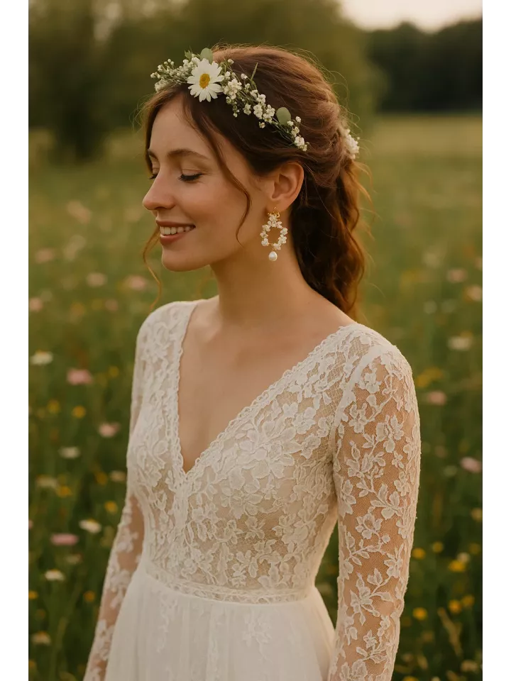 Floréa – Boucles d’Oreilles de Mariée Fleurs Nacrées & Feuilles Dorées sur Clous en Acier Inoxydable