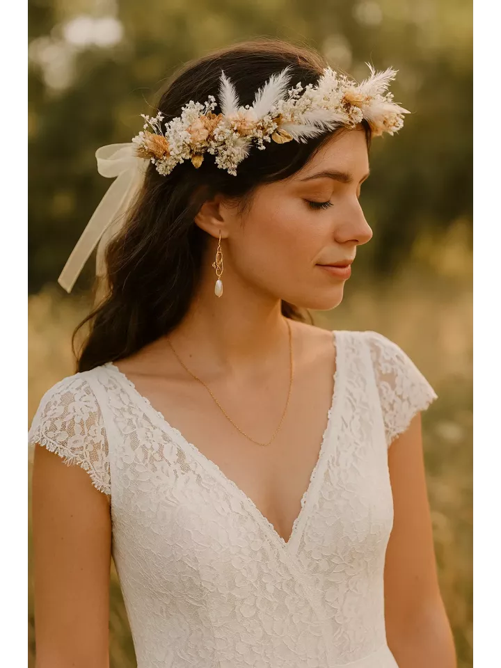 Auréline - Boucles d’oreilles – Feuillage doré à l’or fin 24K & goutte nacrée Swarovski
