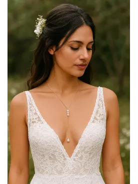 Douceur - Collier de mariée perles véritables –Acier inoxydable  Mariage décolleté V avec perles d’eau naturelles