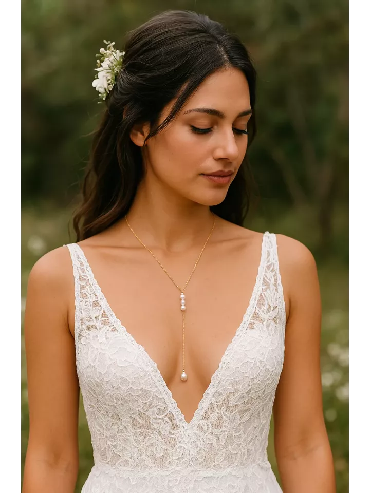 Douceur - Collier de mariée perles véritables –Acier inoxydable  Mariage décolleté V avec perles d’eau naturelles