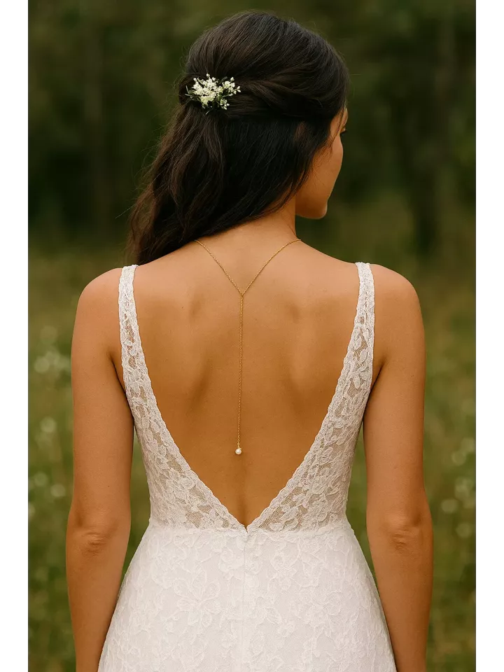 Collier mariage délicat pour robe dos nu, perle Swarovski- Voile