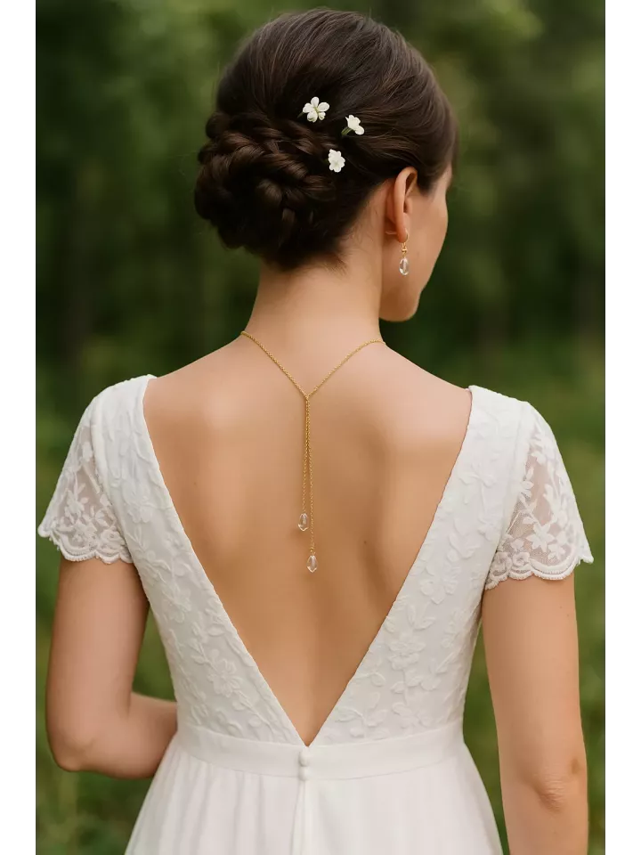 Aquarelle – Collier mariage délicat pour robe dos nu, perle goutte Swarovski