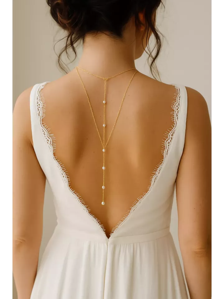 Éclat – Collier de dos mariage doré et perles nacrées, bijou délicat pour robe dos nu