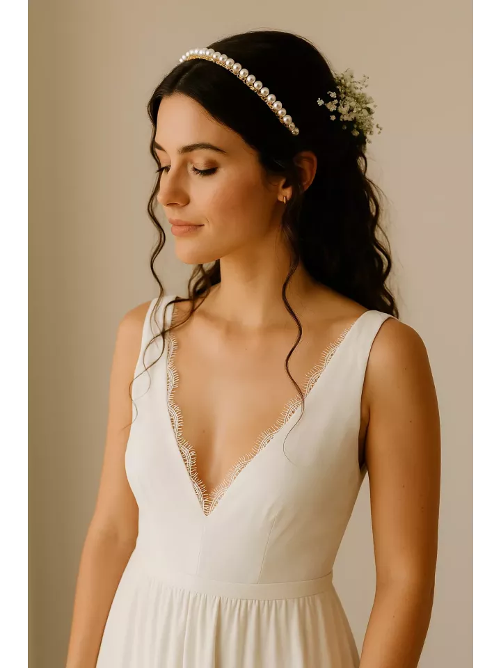 Diane – Serre-tête de mariée en perles nacrées dorées, bijou bohème chic fait main