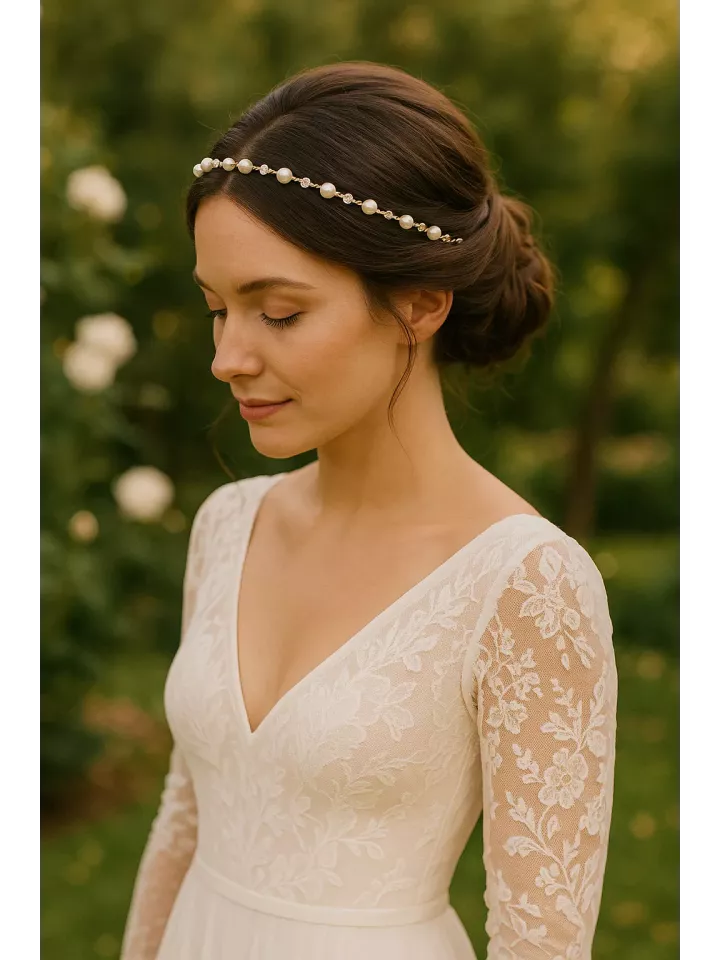 Brume — Headband de mariée Bijou de tête doré mariage, perles et cristaux raffinés