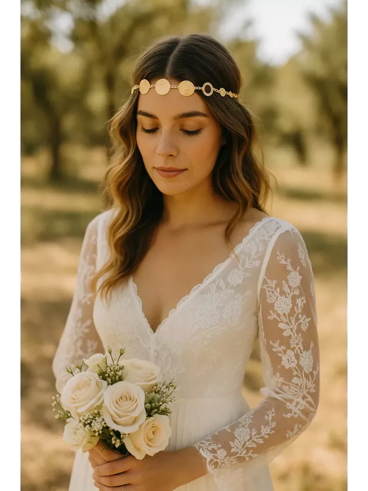 Soléa – Headband de mariée doré, bijou de tête bohème chic