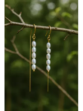 Yggdrasil - Boucles d’oreilles mariée en acier inoxydable doré – Perles d’eau douce véritables et irrégulières
